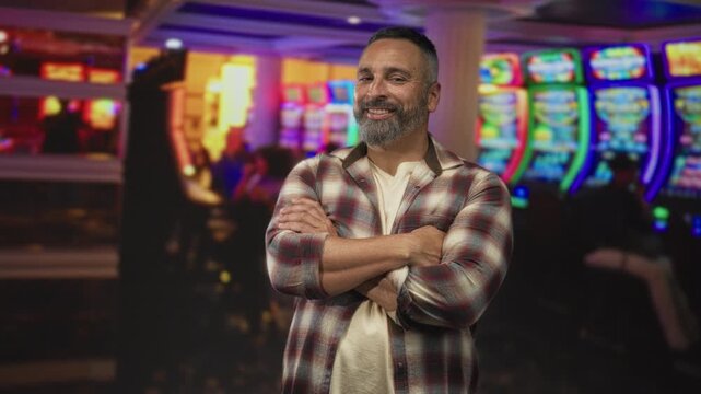 Man with forearms visible and arms crossed beside neon slot machines in a crowded casino building, smiling slightly at camera; confidence.