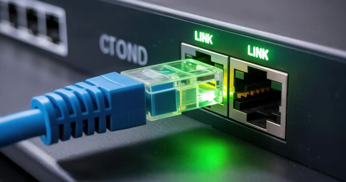Ethernet cable connected to network switch with green link light