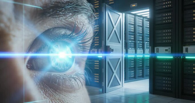 Close-up of eye with futuristic interface in data center