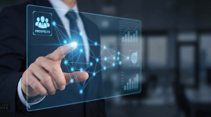 Business Professional Engaging with Digital Network Visualization Interface for Client Prospects Optimization Featuring Data Analytics Graphs to Enhance Lead Generation Strategy