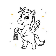 A cartoon unicorn holding a lantern in a magical setting