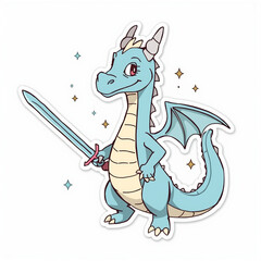 A cartoon dragon sticker with a sword and sparkles