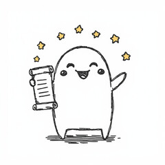 A cartoon penguin holding a scroll with a happy face and stars around it
