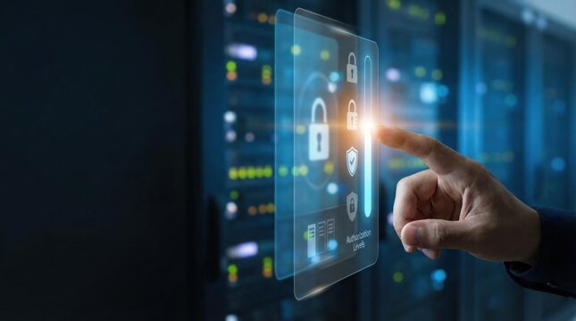 Business Professional Optimizing Data Security Access on Virtual Touchscreen Interface Featuring Authorization Levels Control in Modern Server Infrastructure Environment