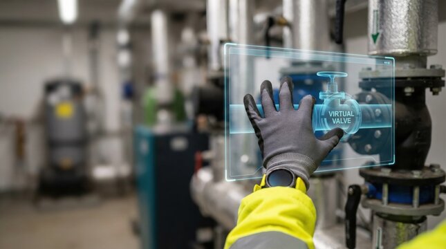 Industrial engineer uses augmented reality optimization interface to control virtual valve with wearable technology in automated facility for operational efficiency and data-driven workflow