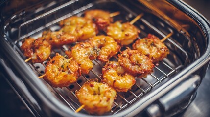 Grilled Spicy Shrimp Skewers on a Metal Rack