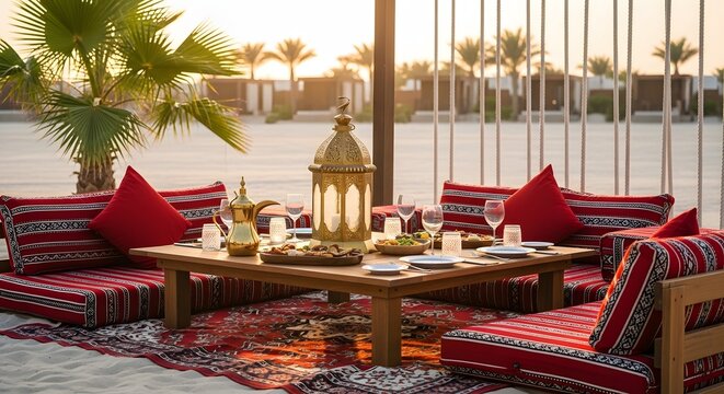 Traditional arabian majlis outdoor dining setup with red cushions and golden lantern for ramadan celebration on beach at golden sunset