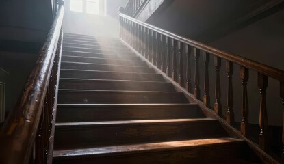Fototapeta premium Wooden staircase rising into glowing light above, foggy background, symbolizing success, career growth, and achievement, cinematic lighting, motivational concept.
