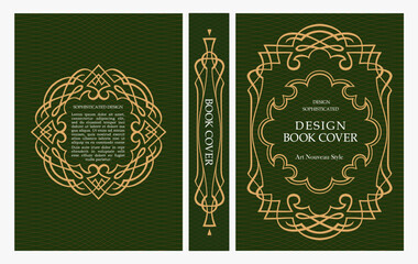 Naklejka premium Classic vintage book cover and spine design with Art Deco, Baroque, Art Nouveau and Victorian ornaments. Elegant decorative frame, luxurious retro style for publications, posters and artistic layouts