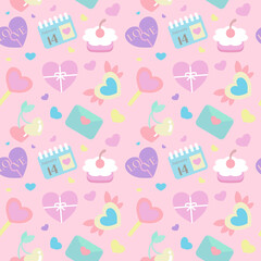 Fototapeta premium A high-quality seamless vector pattern featuring soft pastel romantic icons
