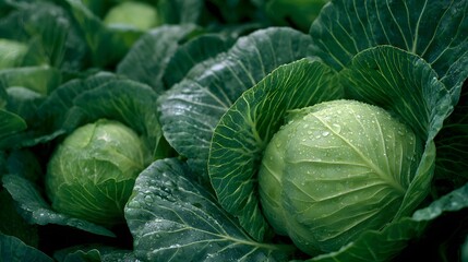 Obraz premium Fresh Green Cabbage Heads Growing in a Lush Garden, Healthy Vegetables.
