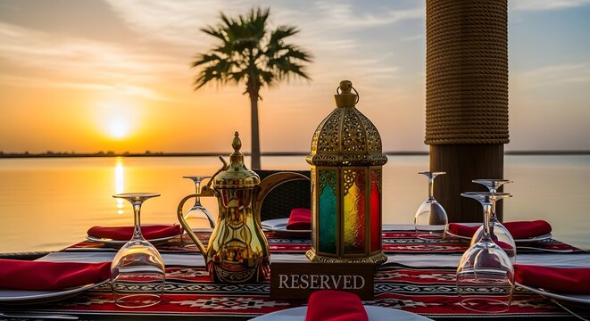 Outdoor iftar table setting with traditional arabic lantern and dallah at sunset by water