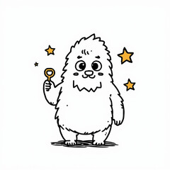A cartoon yeti holding a magnifying glass surrounded by stars