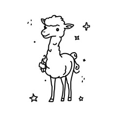 A cartoon llama stands amidst stars and sparkles in a whimsical scene