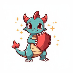 A cartoon dragon holding a shield with sparkles around it