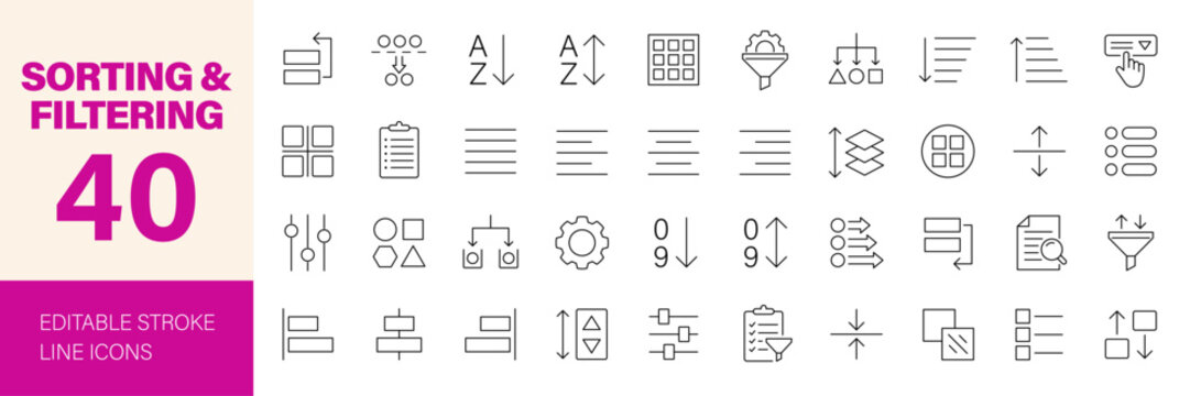 Sorting and Filtering icon set. Editable line icons. Vector illustration.