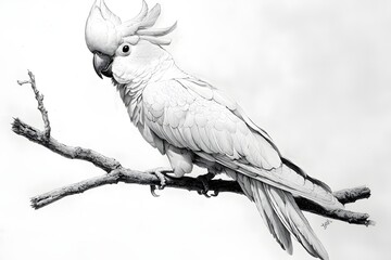 Fototapeta premium Cockatoo pencil illustration with textured feathers perched picture