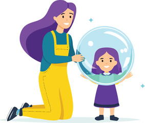 Safe nurturing concept &ndash; woman protecting happy child inside transparent safety bubble sphere