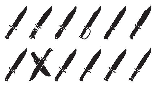 Tactical knife and survival dagger silhouettes for outdoor military use Black Vector Bowie Knife Icon Set - 12 Clip Point Hunting Knife Silhouettes
