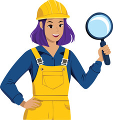Quality control search concept &ndash; female industrial worker holding giant magnifying glass