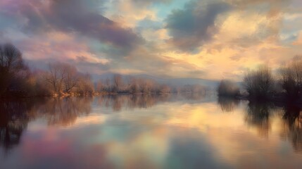 Fototapeta premium Serene Waterscape - A Captivating Reflection of the Skys Colorful Embrace at Sunset.