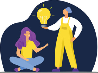 Idea sharing concept &ndash; woman showing glowing lightbulb solution to listening friend