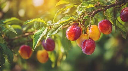 Obraz premium Vibrant Plum Tree Branch Laden with Ripe, Juicy Fruits in Sunlight.