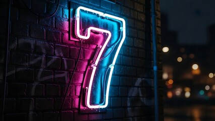 Glowing neon number seven on brick wall