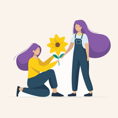 Gratitude connection concept &ndash; woman kneeling to offer giant sunflower gift to friend