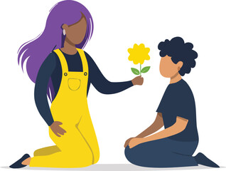 woman giving yellow flower to kneeling friend for apology