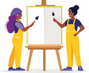 Creative collaboration concept &ndash; two women artists painting on blank canvas together