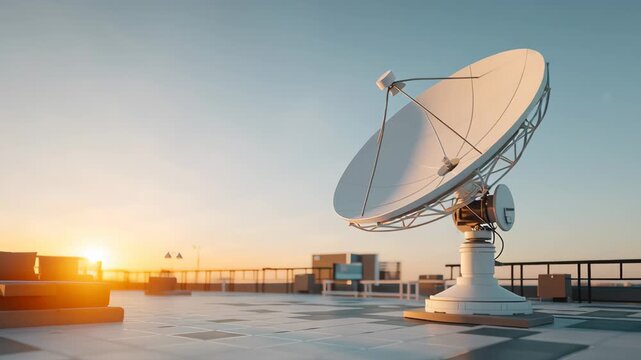Satellite dish communication technology rooftop sunset sky antenna signal modern outdoor metal equipment network wireless