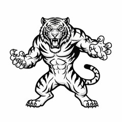 A fierce and muscular tiger mascot roaring with claws extended, in black and white illustration style.