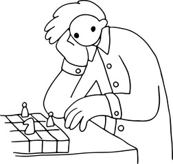 Obraz premium A young man plays chess and looks thoughtfully at the chessboard in memphis style, hand drawn with black, curved grunge lines