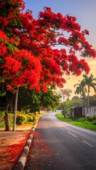 Lush red flowers overhang a road under a colorful sky