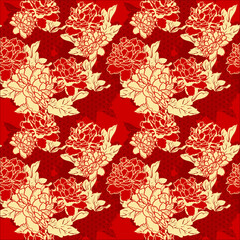 Traditional Chinese floral seamless pattern featuring large peony blossoms with gold outlines on a vibrant red background. Elegant oriental botanical textile design. © leonado-vector
