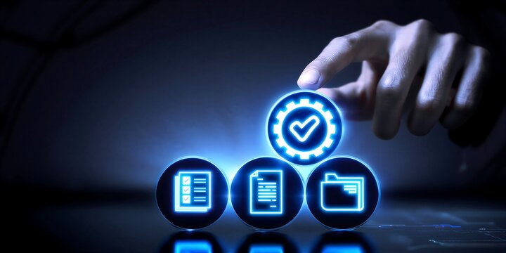 Hand selecting digital document approval icon with checkmark among file options on virtual interface