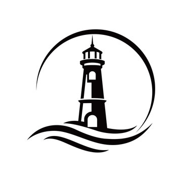 Minimalist lighthouse logo vector featuring a tall beacon tower with clean lines and modern style, symbolizing guidance, safety, and navigation, isolated on white background.