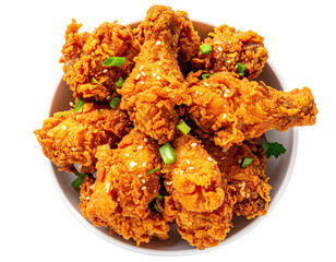 Crispy fried chicken pieces with sesame seeds and green onions in a bowl