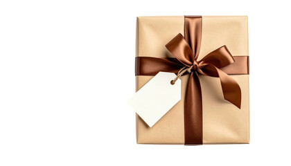 Wrapped gift with a brown ribbon and blank tag on black background