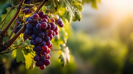 Close-up of a Bunch of Ripe Grapes Hanging on the Vine in the Vineyard.