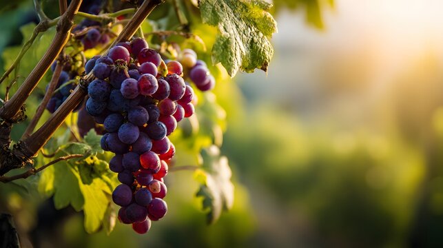Close-up of a Bunch of Ripe Grapes Hanging on the Vine in the Vineyard.