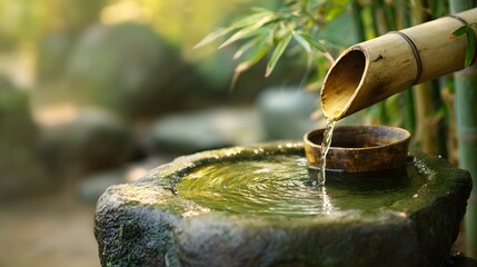 Serene Japanese Garden Scene - Water Flowing from Bamboo Spout into Stone Basin.