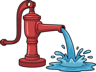 A charming red cartoon well pump illustration vigorously discharging a clear stream of refreshing blue water