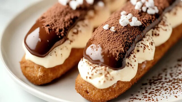 Two chocolate eclairs with cream and toppings on a plate  