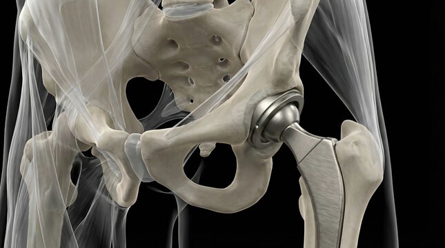 A translucent medical diagram illustrates a complex total hip replacement prosthetic joint within the human pelvic structure against a dark background.