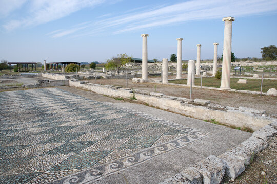 Pella archaeological site displaying ancient mosaic and doric columns. Ancient Pella city ruins featuring well-preserved mosaic floor and standing classical columns 