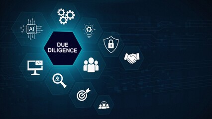 Fototapeta premium Digital Due Diligence concept with AI and security icons on a dark blue circuit board background business
