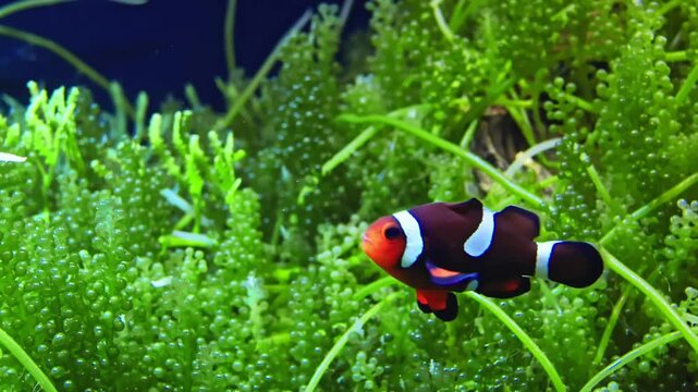 Clownfish swimming among green sea grapes algae. Tropical marine aquarium scene with black ocellaris clownfish in lush underwater vegetation