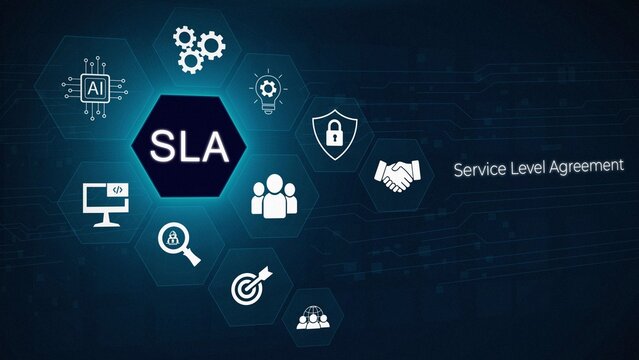 Service Level Agreement (SLA), business concept. Service performance tracking to reduce the uncertainty the customer in process. 3D dark blue background 4k animation